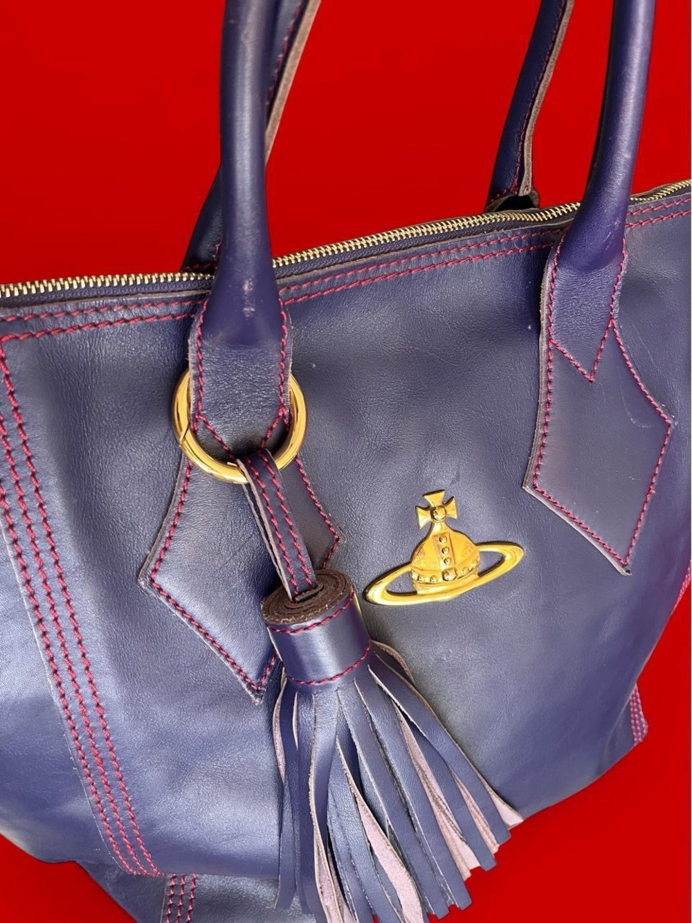 VIVIENNE WESTWOOD • RARE Authentic Vintage GIANT Blue Leather Gold Orb Tote Bag - Picture 10 of 13